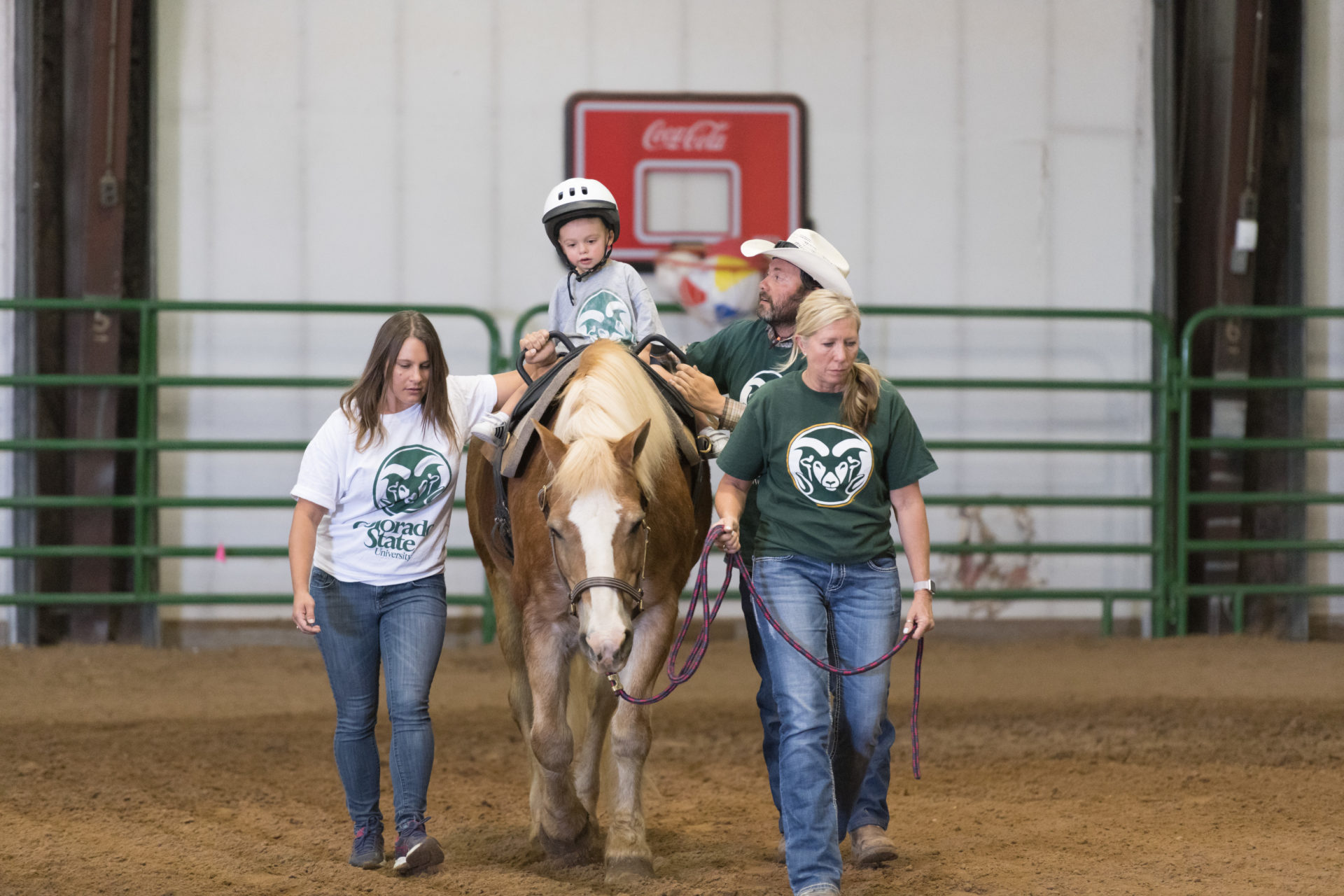 therapists walk alongside horse and 2-year-old