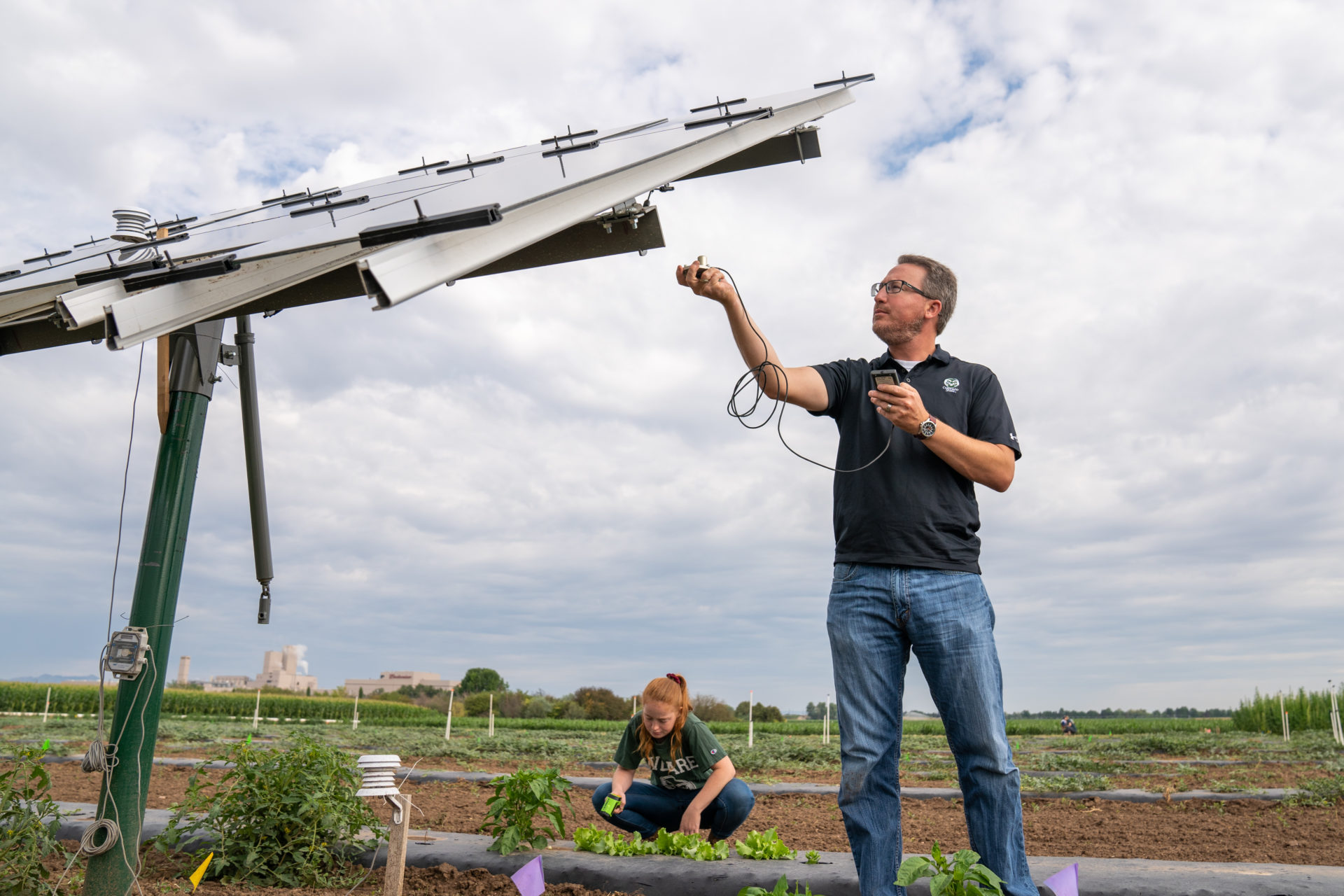 Researchers take measurements under solar panels