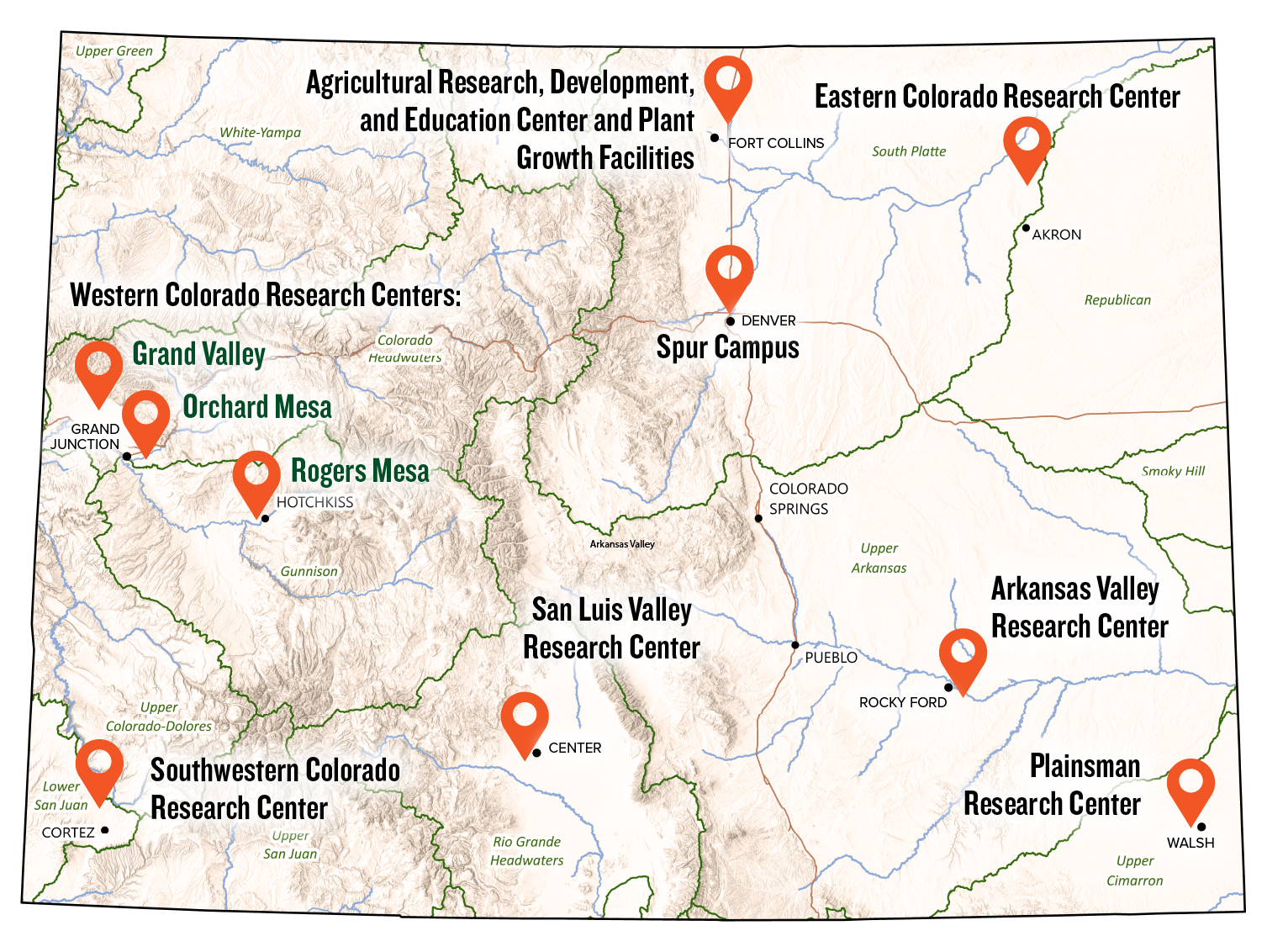 Map showing the location of the 10 different research centers across Colorado.