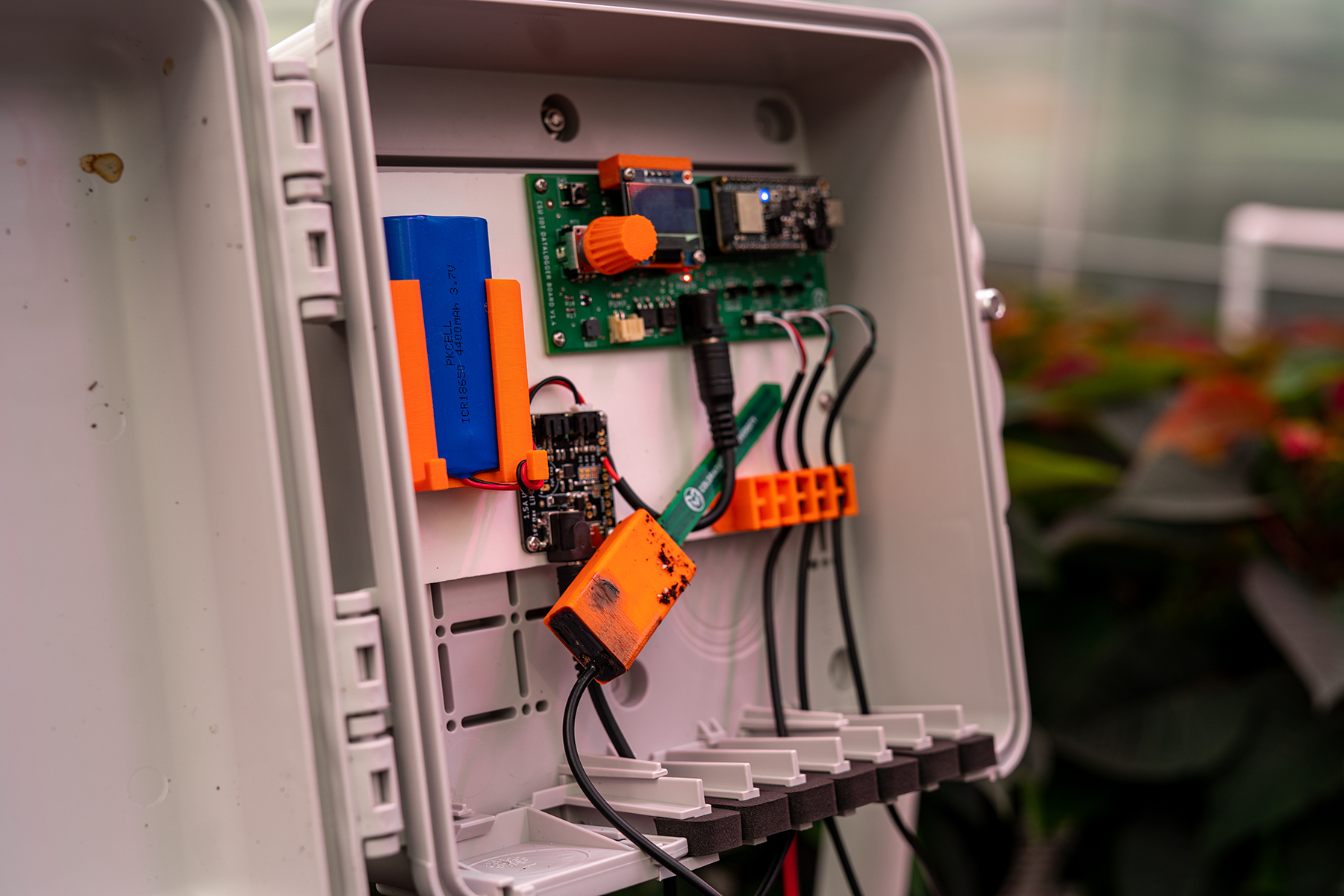 A plastic box is open showing the circuit board, sensor, and wiring within.