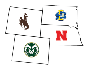 Graphic showing the outlines of Colorado, Nebraska, South Dakota and Wyoming with university logos in each state.