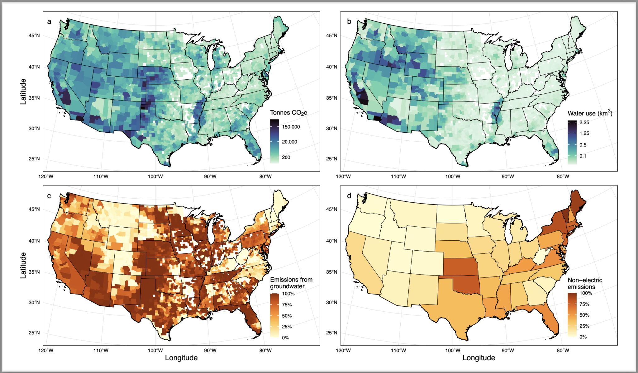 A grid of four U.S. maps that depict shaded areas showing different levels of emissions from irrigation pumping.