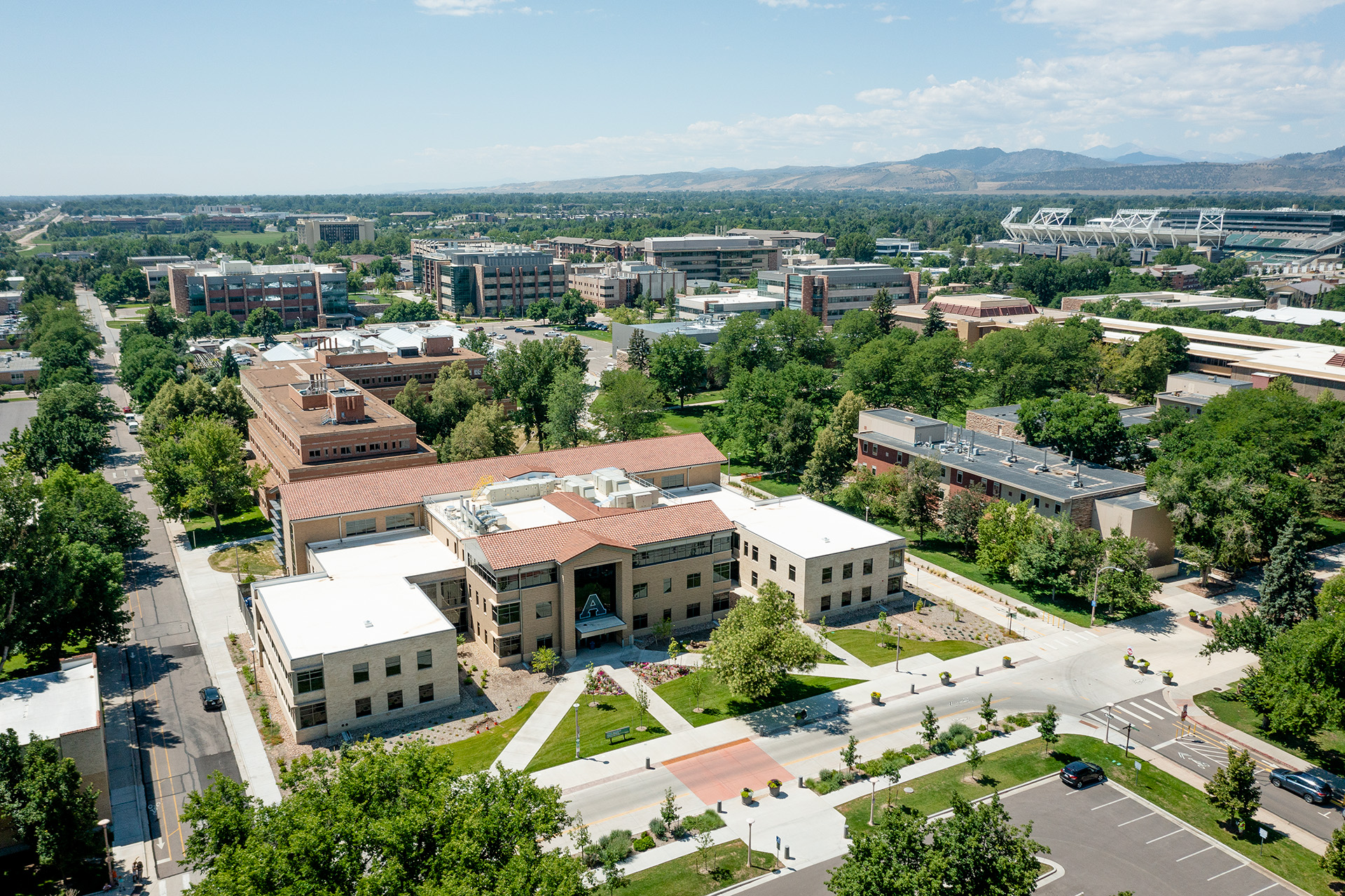 Aerial, exterior view of the Nutrien Agricultural Sciences building on the CSU Fort Collins campus.